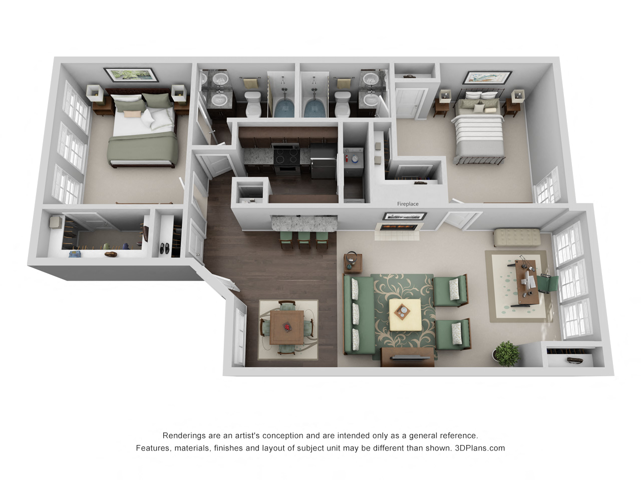 Floor plan for 2 beds, 2 baths, 1096 sqft